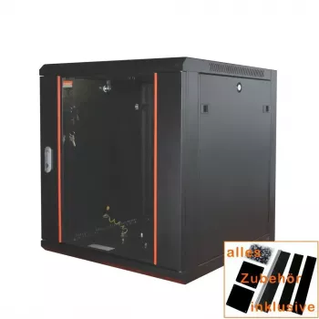 IT-BUDGET 19 inch tīkla skapis SWA - 12U - 570x600 mm - stikla durvis - noņemamas sānu malas - sienas/grīdas montāža - piederumu komplekts - melns 90ITB19WS1266GS