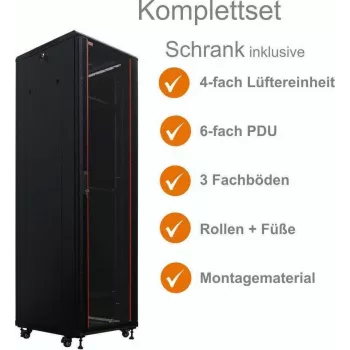 IT-BUDGET 19 inch Tīkla skapis SRK pilns komplekts - 38U - 600x600 mm - Stikla/Tērauda durvis - 4 aktīvie ventilatori - PDU - Plaukti - Flatpack - Melns (90ITB19SRK3866GS)