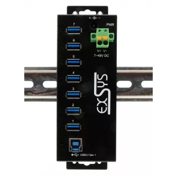 EXSYS USB 3.2 Gen1 7 portu industriālais centrmezgls ar DIN sliedes komplektu un 15kV ESD aizsardzību (EX-1187HMVS-2)