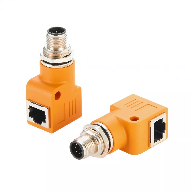 EXSYS EX-49502 M12 A-kodēts 8-pinu vītņu uz RJ45 sieviešu 90° industriālais Ethernet adapteris