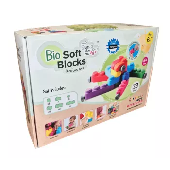 Gerardo's Toys mīksto klucīšu komplekts ar riteņiem, 33 daļas (25 klucīši + 8 riteņu daļas)