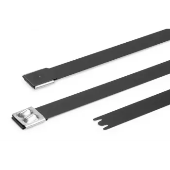 HellermannTyton MBT14XHFC-SS316/SP-BK nerūsējošā tērauda kabeļu saite, lodveida fiksators, melns poliestera pārklājums, 360mm x 7.9mm, UV stabilizēta, 1 gab 111-00299