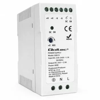 Qoltec DIN sliedes barošanas bloks 60W 24V 2.5A balts, slaids