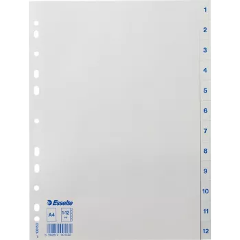 LEITZ Esselte plastmasas satura rādītāja atdalītāji, numurēti 1-12, A4, balti, universāls perforējums, 10 komplekti (100153)