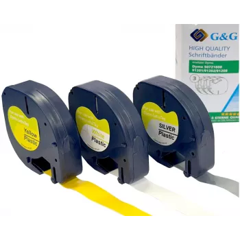 G&G TD-RL-D-91201/2/8-3P etiķešu lentes komplekts, 12 mm, 3 gab. (balta, dzeltena, sudraba uz melna), saderīgs ar DYMO D1