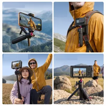 ULANZI MT-55 4-in-1 Mini tripods, selfija nūja, roktura turētājs un mugursomas klipsis ar lodveida galvu, 1/4 inch skrūve, tālruņa turētājs 60-85mm, alumīnija sakausējums, melns
