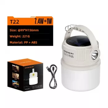 SUPERFIRE T22 uzlādējama LED nometnes laterna ar power bank funkciju, 350 lūmeni, magnētisks pamats, iekaramais āķis, IP44