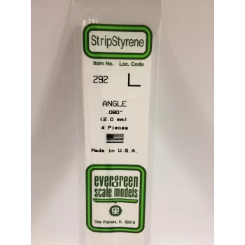 Evergreen 292 polistirola L-profils 350 x 2 x 2 mm, 4 gab., balts