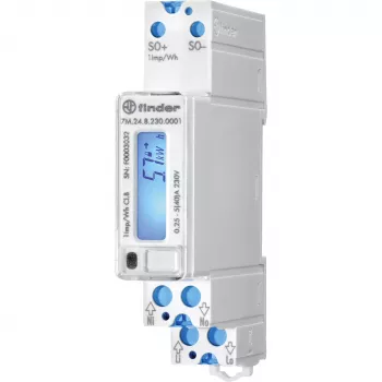 Finder 7M.24.8.230.0001 vienfāzes digitālais enerģijas skaitītājs, 230 V AC, 5(40) A, 1. klase, LCD, S0 impulsa izeja, DIN sliedes montāža, 1 modulis, nav MID atbilstības