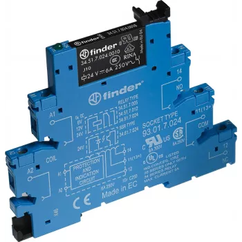 Finder Interface Relay Module 38.51.7.024.5050, 24 V DC spole, 1 CO kontakts, 6 A, bezskrūvju spailes, DIN sliedei