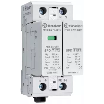 Finder 7P.02.8.275.1012 2. tipa pārsprieguma aizsardzības ierīce, 1 pols, 275 V AC, 60 kA, DIN sliedei
