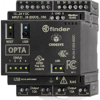 Finder programmējams loģiskais relejs (PLR) PLC vadības modulis, 24 V DC, 8 digitālie ieejas, 4 analogās ieejas, 4 releju izejas, 8 A, LCD displejs, DIN sliedes montāža, 8A.04.9.024.832C