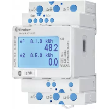 FINDER 7M.38.8.400.0112 trīsfāžu digitālais enerģijas skaitītājs 80 A, Modbus RTU, MID sertificēts, DIN sliedei