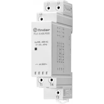 Finder 70.61.8.400.P000 3 fāžu sprieguma kontroles relejs, 400 V AC, 1 pārslēgšanas kontakts, DIN sliedei
