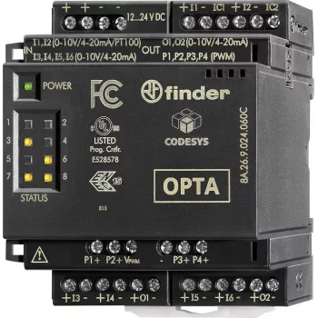 Finder 8A.26.9.024.060C analogā ieejas paplašinājuma modulis, 2 kanāli, 0-10 V DC / 0-20 mA, 12 bitu, 24 V DC, DIN sliedei