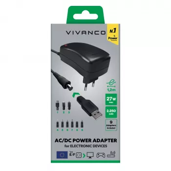 Vivanco universālais AC/DC barošanas adapteris 27W ar 7 DC spraudņiem un USB portu VVITADAPT27WUN