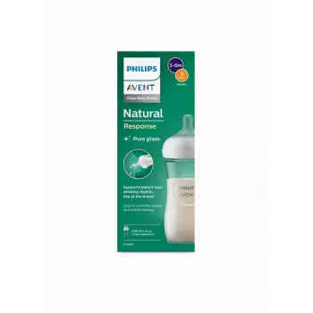 Philips AVENT Natural Response stikla zīdaiņa pudelīte 240 ml, vidējas plūsmas knupītis, no 1 mēneša