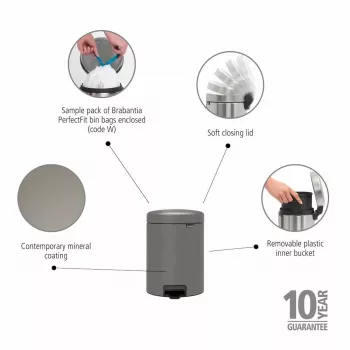 Brabantia NewIcon 5L pedāļa atkritumu tvertne, Mineral Concrete Grey