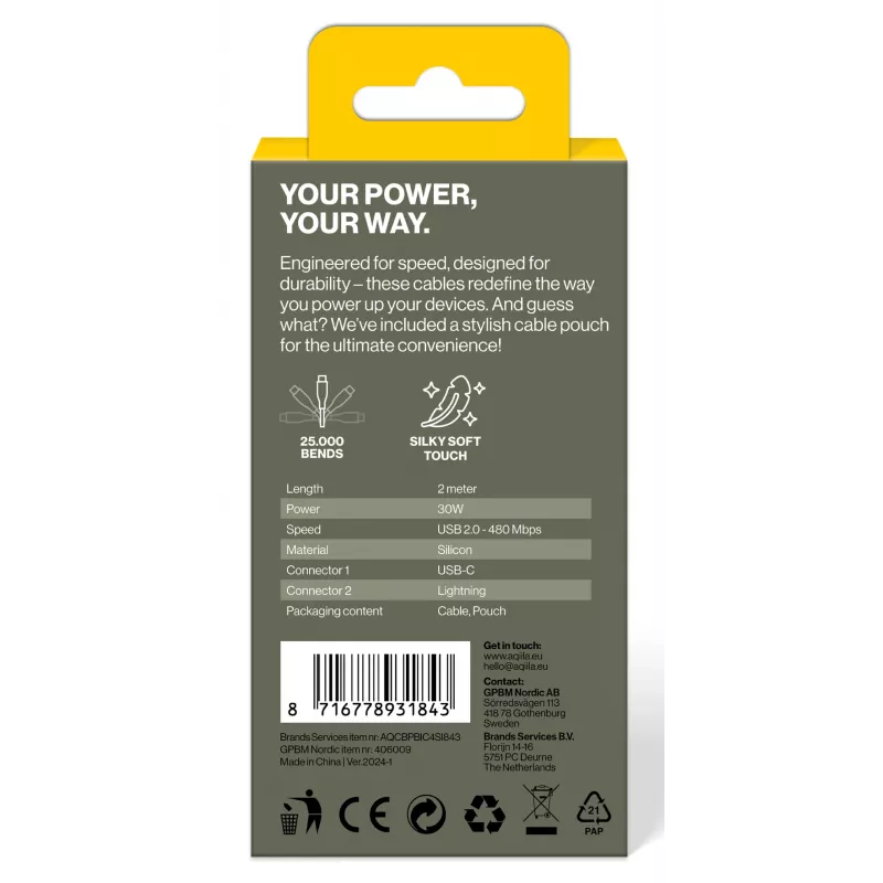 AQIILA 4SI843 USB-C uz Lightning uzlādes un sinhronizācijas kabelis 2m 60W PD AQCBPBIC4SI843