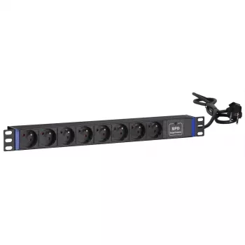 DSIT 19 inch 8 kontaktligzdu PDU ar pārsprieguma aizsardzību un zemējuma kontaktu (DS-8PDU-SPD-PE)