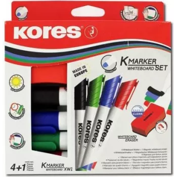 Kores Whiteboard Marker Set, 4 marķieri + dzēšgumija, apaļš uzgalis, 3.0 mm, ātri žūstoša, dažādās krāsās M20863