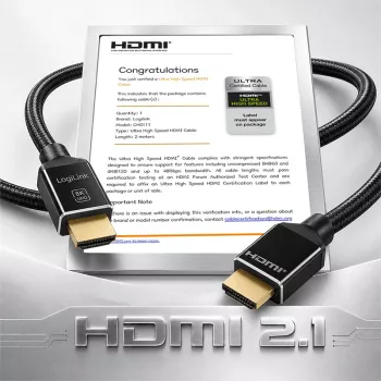 LogiLink HDMI kabelis A/M uz A/M 8K/60Hz 48Gbps metāla neilona sertificēts melns 2m