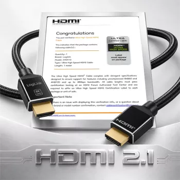 LogiLink HDMI kabelis 8K/60 Hz 48 Gbps metāla/nilona sertificēts melns 1 m