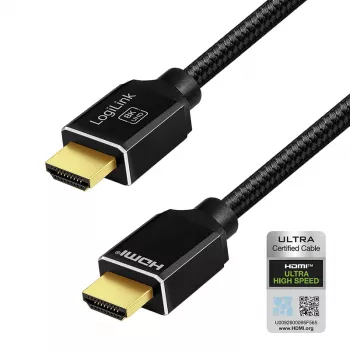 LogiLink HDMI kabelis, A/M uz A/M, 8K/60 Hz, 48 Gbps, metāla, neilona, sertificēts, melns, 3 m