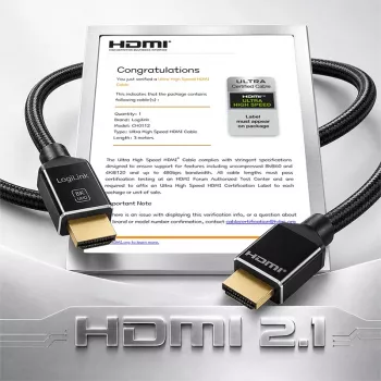LogiLink HDMI kabelis, A/M uz A/M, 8K/60 Hz, 48 Gbps, metāla, neilona, sertificēts, melns, 3 m