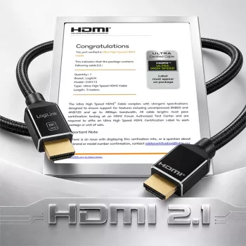 LogiLink HDMI kabelis A/M uz A/M 8K/60 Hz 48 Gbps metāla neilona sertificēts melns 5 m