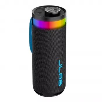 JLab Go Party pārnēsājamais Bluetooth skaļrunis ar 20W jaudu, IPX6 ūdensizturību, 15 stundu akumulatoru, iebūvētu mikrofonu, apgaismojuma režīmiem, melns