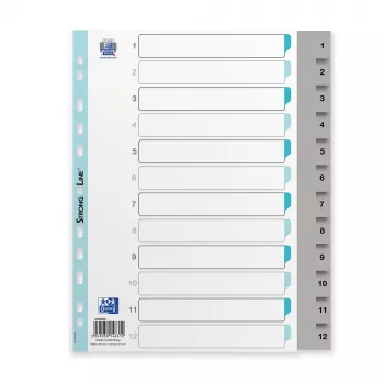 Oxford A4 plastikiniai skyrikliai, 12 dalių, numeruoti 1-12, pilki, PP 0,12 mm, Euro-punched 400033989
