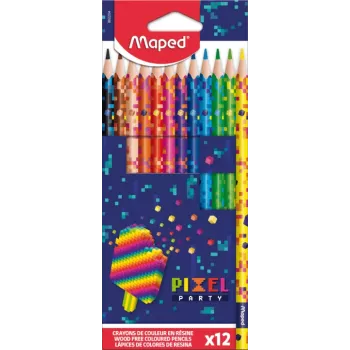 Maped PIXEL PARTY trīsstūrveida krāsainie zīmuļi, 12 dažādas krāsas, mīksts, pret lūšanu izturīgs grafīts, pikseļu raksta korpuss, kartona iepakojums 862204