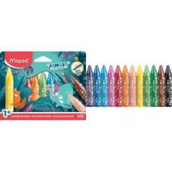 Maped Jungle Fever Jumbo trīsstūrveida vaska krītiņi, 12 dažādās krāsās, dzīvnieku motīvi, kartona iepakojums, no 1 gada