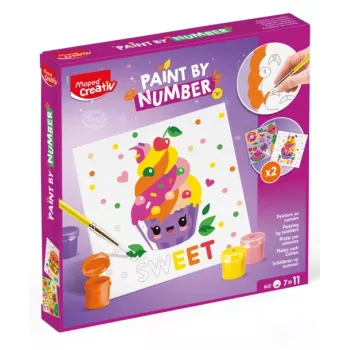 Maped Creativ krāsošana pēc numuriem komplekts Kawaii Food Sweet - 2 iepriekš apdrukātas kartona gleznas, 10 akrila krāsas, ota, vecumam 7+ 907088