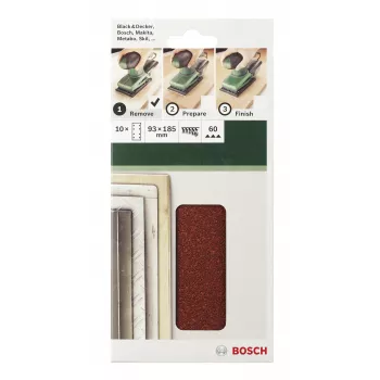 Bosch 2609256A90 10 gab. 185 mm x 93 mm slīpēšanas loksnes ar āķa un cilpas stiprinājumu, 120 graudainība, perforētas