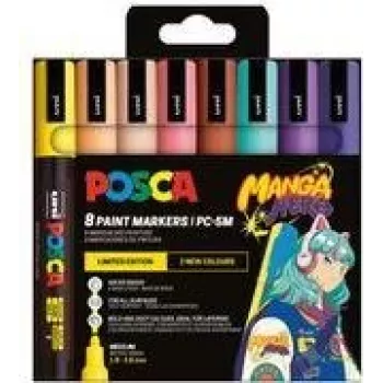 POSCA PC-5M pigmenta marķieru komplekts, 8 krāsas, Manga Hero, vidēji apaļš uzgalis, ūdensizturīgi, gaismas izturīgi, bez smaržas PC5M/8APF ASS74