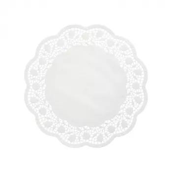 PAPSTAR apaļš kūku salvetes paliktnis, 360 mm diametrā, balts reljefs mežģīņu papīrs, 40 g/m², 1 gabals (12265)
