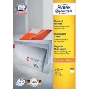 Avery 6135 baltas papīra etiķetes ar pastāvīgu līmi A4 210 x 148 mm, 200 etiķetes