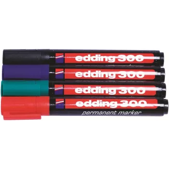 Edding 300-E4 Permanentais marķieru komplekts, 4 dažādās krāsās (melns, zils, zaļš, sarkans), kaltveida uzgalis 1-5 mm 4-300-4
