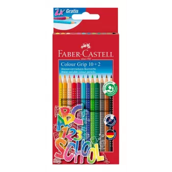 Faber-Castell Colour GRIP trīsstūrveida krāsainie zīmuļi, dažādas krāsas, 10 gab., Soft-Grip zona, izturīgs 3,3 mm grafīts, uz ūdens bāzes laka, promo maciņš 201585