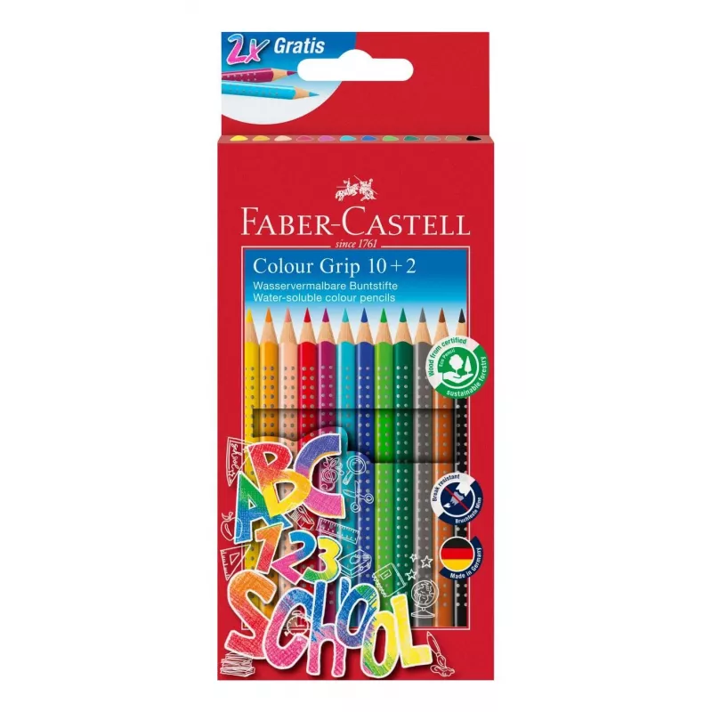 Faber-Castell Colour GRIP trīsstūrveida krāsainie zīmuļi, dažādas krāsas, 10 gab., Soft-Grip zona, izturīgs 3,3 mm grafīts, uz ūdens bāzes laka, promo maciņš 201585