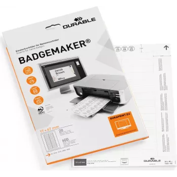 DURABLE BADGEMAKER® ieliktņu etiķetes 67 x 17 mm, baltas, 400 etiķetes, A4 loksnes, tintes un lāzera printeriem 146102