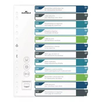 DURABLE 679627 A4+ polipropilēna tukšie dalītāji, daudzkrāsaini, portreta formātā, 0,27 mm, 11 caurumu universālā perforācija