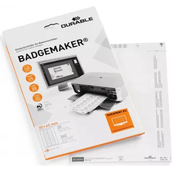 DURABLE BADGEMAKER ieliktņu etiķetes 30 x 65 mm, baltas, 100 ieliktņi (20 loksnes pa 5) 142302