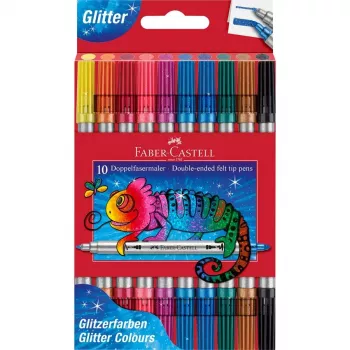 FABER-CASTELL Glitter Dual-Tip Fibre Pens, 10 dažādas krāsas, mazgājamas, 3-5 mm un 1 mm uzgaļi 151107