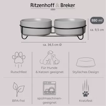 Ritzenhoff & Breker TARO dubultā mājdzīvnieku bļodu komplekts, 880 ml, pelēks akmenskeramikas ar melnu metāla statīvu 450521