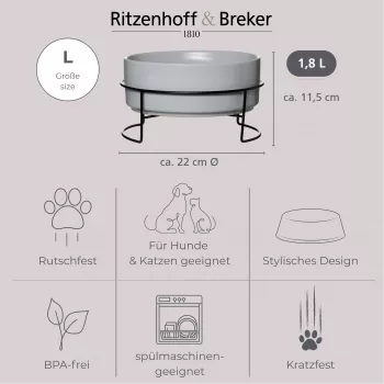 Ritzenhoff & Breker TARO mājdzīvnieku bļodu komplekts 1,8L pelēks keramikas akmensmasas 450484