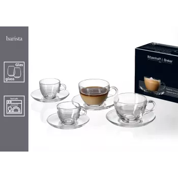 Ritzenhoff & Breker BARISTA kapučīno komplekts, 4 daļas, caurspīdīgs stikls, 220 ml krūzes, trauku mazgājamā mašīnā mazgājams 822021