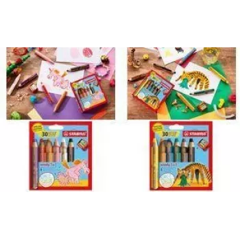 STABILO woody 3 in 1 daudzfunkcionāls zīmulis, 6 gabalu komplekts ar tīģera apaļo zīmuļu maciņu, krāsainais zīmulis, akvarelis un vaska krītiņš vienā EO8806-4-2